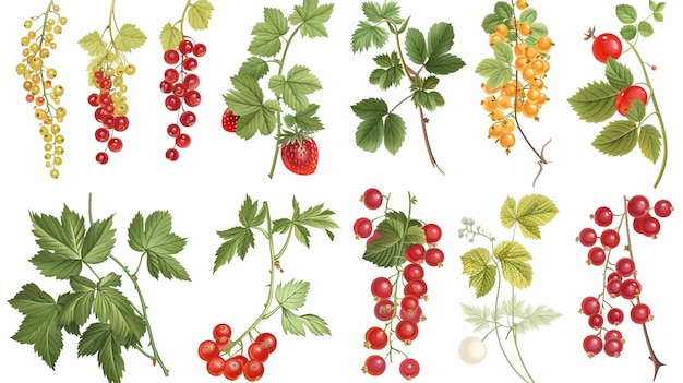 set of fresh red berries and green leaves isolated on a white background watercolor illustration