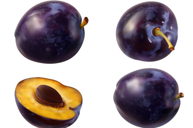 Photo set of fresh ripe whole half and sliced plum isolated on white background top view