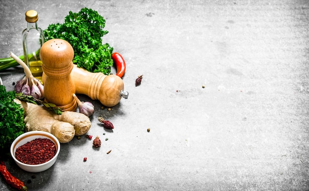 Set of fresh spices and herbs on a stone background