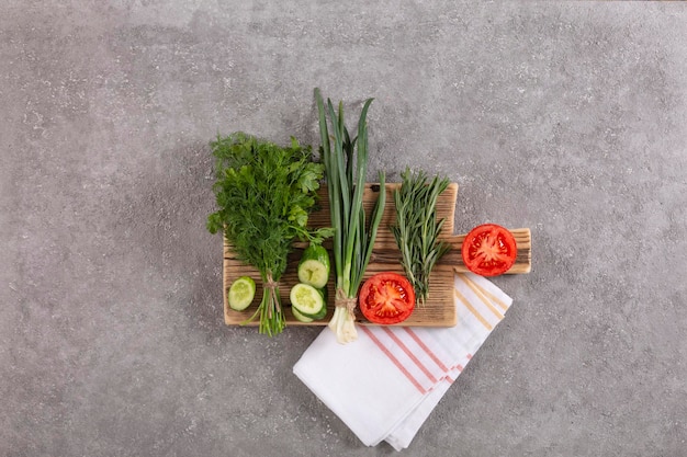 Set of fresh vegetables and herbs for cooking salad