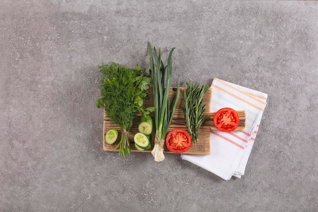 Set of fresh vegetables and herbs for cooking salad