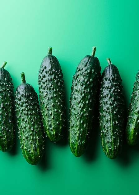 Set of fresh whole cucumbers on a green background, food\
pattern. garden cucumber wallpaper backdrop design