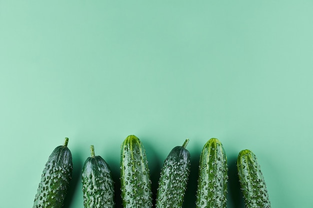 Set of fresh whole cucumbers on a green background, food pattern. Garden cucumber wallpaper backdrop design