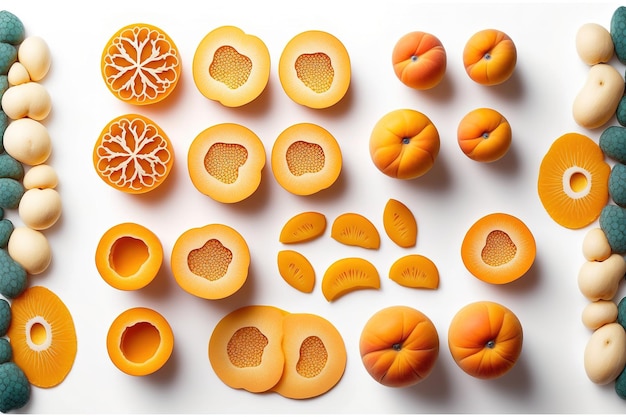 Set of fresh whole and sliced apricots top view isolated on white