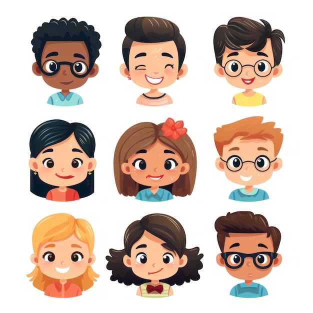 Photo set of friendly faces cartoon style head shots ai generated