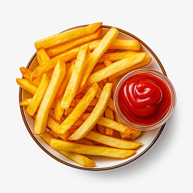 Set frietjes met ketchup geïsoleerd op een witte achtergrond bovenaanzicht