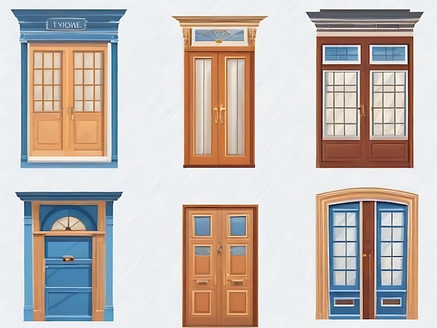 Set of front buildings doors in flat style