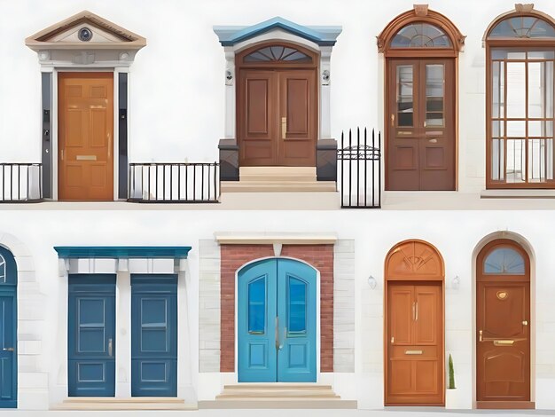 Set of front buildings doors in flat style