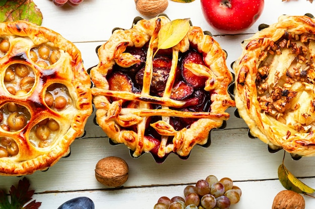 Set fruit pies.Tradition autumn cake of pears,apples,grapes and plums.Appetizing tart