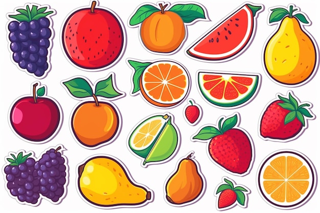 A set of fruit stickers with different types of fruits generative ai