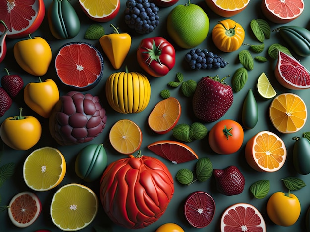 Set of fruits background colorful ai generative