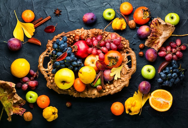 Set of fruits,grapes and nuts.Autumn food still life with season fruits