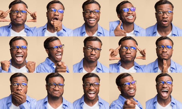 set of funny black man expressions and emotions over yellow background collection of male grimaces