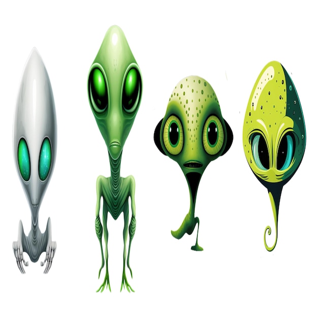 Photo set of funny green aliens stock