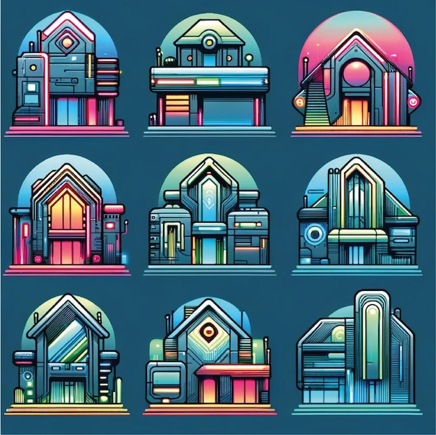 Photo set of futuristic houses designed in a linear illustration style with soft neon colors