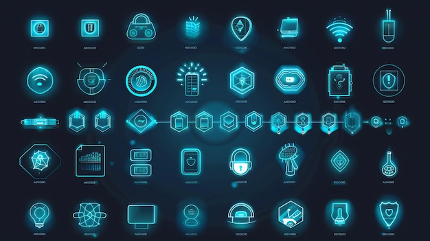 Photo set of futuristic neon icons with a dark blue background