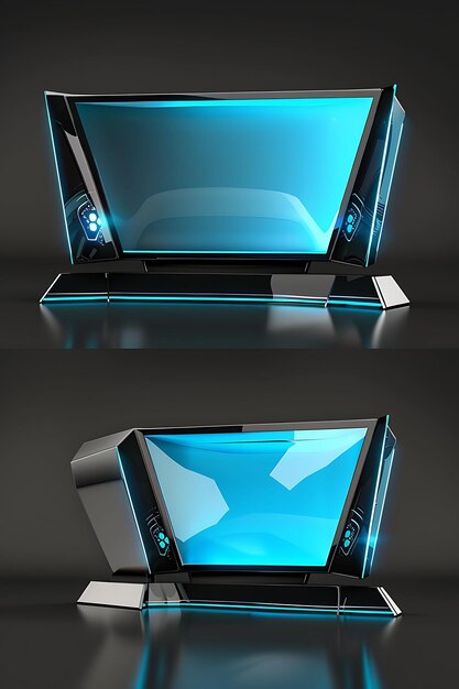 Photo set of futuristic tv stands 32 bit pixel with glass surface and led game asset design concept art