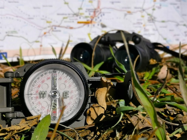 Set of gadgets for orienteering and adventure as a travel compass map