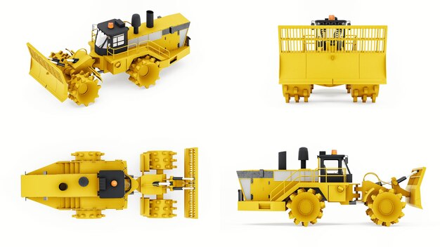 Set Garbage compactor machine for landfills industrial bulldozer for working in landfills 3d rendering