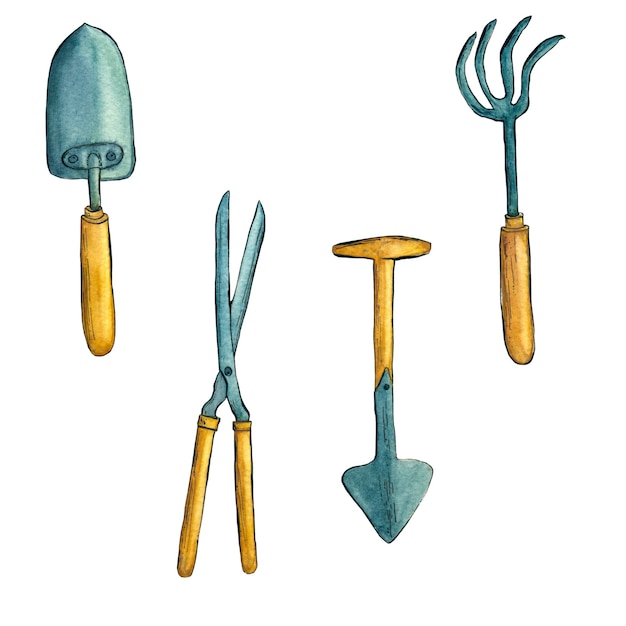 A set of garden tools - scissors for shrubs, a small spatula, a rake and a shovel.