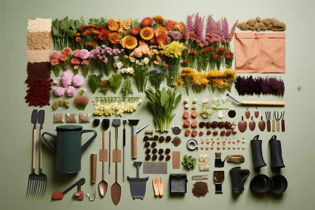 Photo set of gardening tools and flowerpots collage