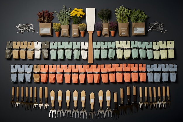 Set of gardening tools and flowerpots collage