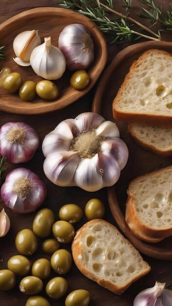 Set of garlic olives and bread
