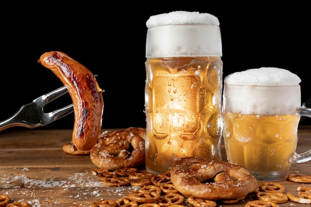 Photo set of german drinks and snacks on a table