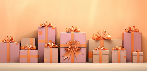휴일 또는 판매 및 할인 이벤트를 위해 배열 된 리본이있는 선물 상자 세트