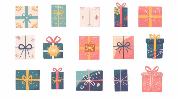 Set of gift boxes with string bows Festive surprises big and small birthday giftboxes packages wrapped in paper Isolated flat modern illustration