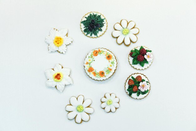 A set of gingerbread in the form of flowers on a white background Gift set Top view