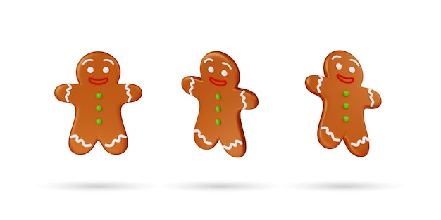 Photo set of gingerbread man 3d icon isolated on white background