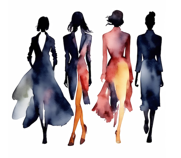 Set of glamorous models silhouette Watercolor hand painted isolated illustration on white background