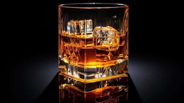 Set glas whisky of whisky of Amerikaanse Kentucky Bourbon met zijn weerspiegeling in het vliegtuig
