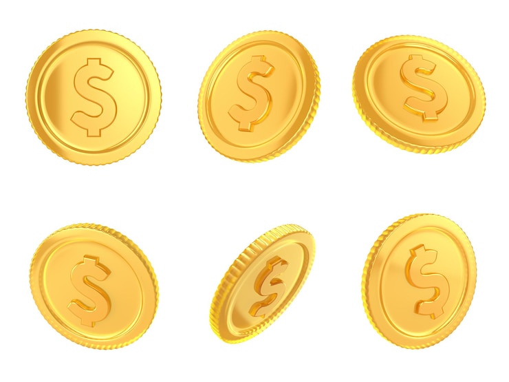 Photo set of glass gold coins on a white isolated background 3d render illustration