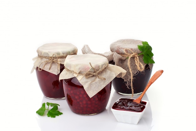 Set of glass jars with homemade jam
