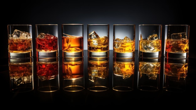 Foto set di bicchieri di whisky o whisky o bourbon americano del kentucky con il suo riflesso sull'aereo