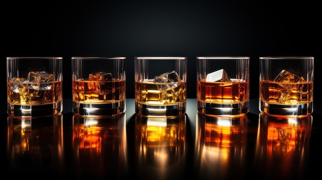 Set of glass of whiskey or whisky or american Kentucky bourbon with its reflection on the plane