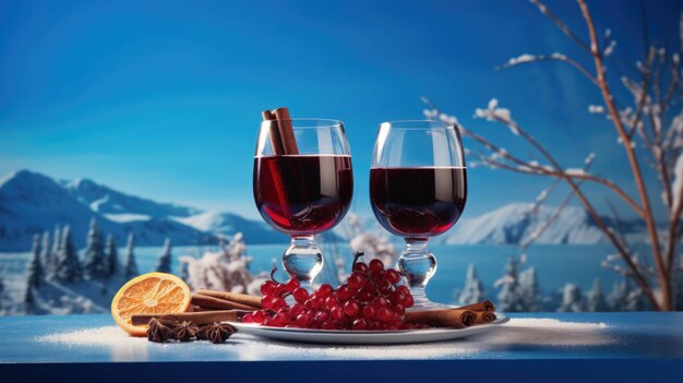 Set of glasses of mulled wine on a winter background