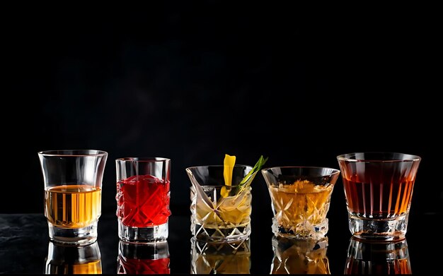 Set of glasses with alcohol drinks on dark background with copy space