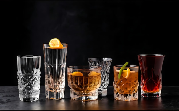 Set of glasses with alcohol drinks on dark background with copy space