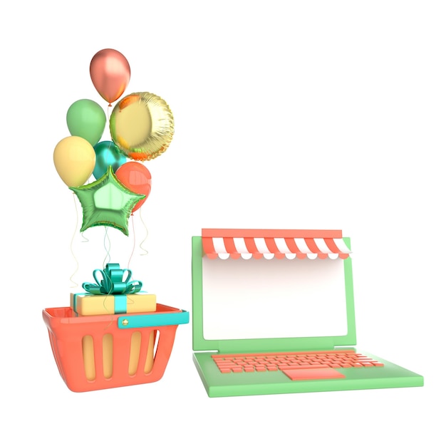 Set of glossy colorful balloons shopping cart laptop and present box Online shopping concept