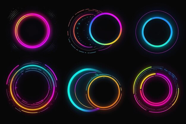 Set of glowing neon color circles round curve shape with wavy dynamic lines isolated on black background technology concept