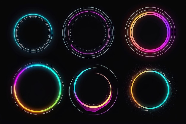 Photo set of glowing neon color circles round curve shape with wavy dynamic lines isolated on black background technology concept