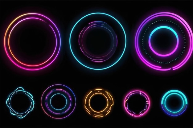 Photo set of glowing neon color circles round curve shape with wavy dynamic lines isolated