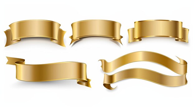 Photo set of gold banner label ribbons with white background generated by artificial intelligence