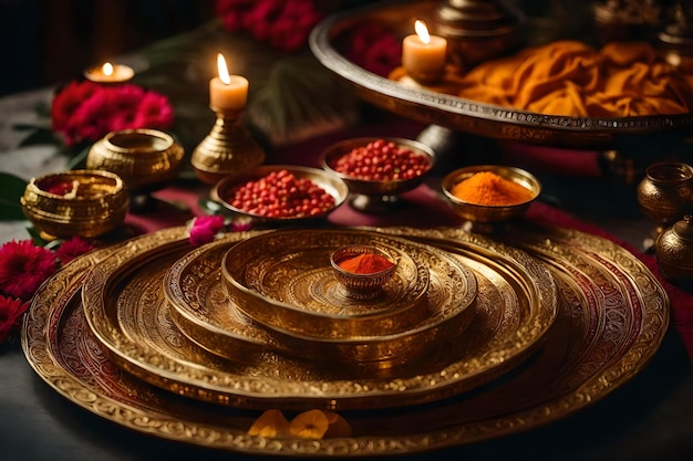 A set of gold candles and incenses with the word " do not enter " on the table.