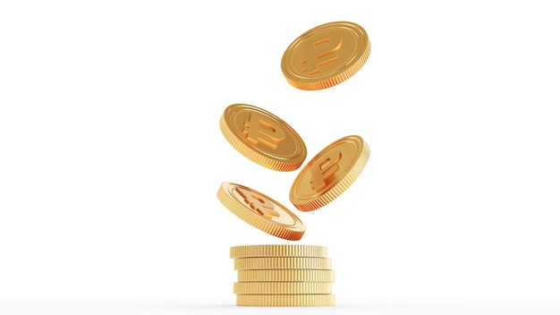 Set of gold coins with ruble sign isolated on a white background 3d rendering Falling golden coins with ruble sign