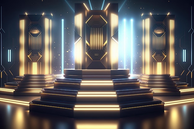 A set of gold podiums with lights and a blue background.