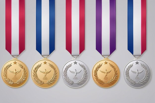 Photo set of gold silver and bronze award and olympic medals